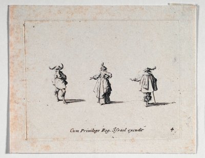Nainen ojennetulla kädellä ja kaksi ratsumiestä, ... (kaiverrus) tekijältä Jacques Callot