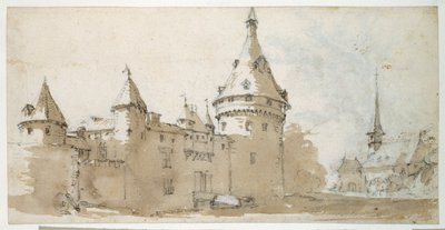Tornillinen linna ja kirkko (ruskea ja harmaa pesu mustalla liidulla paperilla) tekijältä Jacques Callot