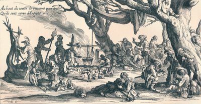 "Keski-Euroopan ensimmäisten mustalaisten leiri", c1604, 1907 tekijältä Jacques Callot