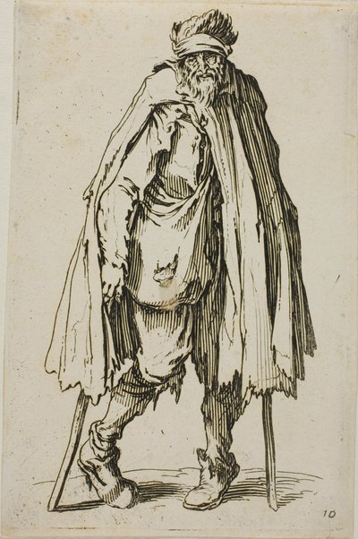 Keppiin nojaava kerjäläinen, The Beggarsin lautanen yhdeksäntoista tekijältä Jacques Callot