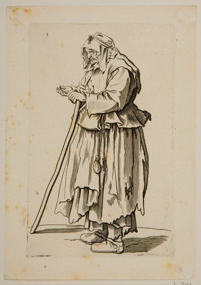 Kerjäläinen nainen saa almua (etsaus) tekijältä Jacques Callot