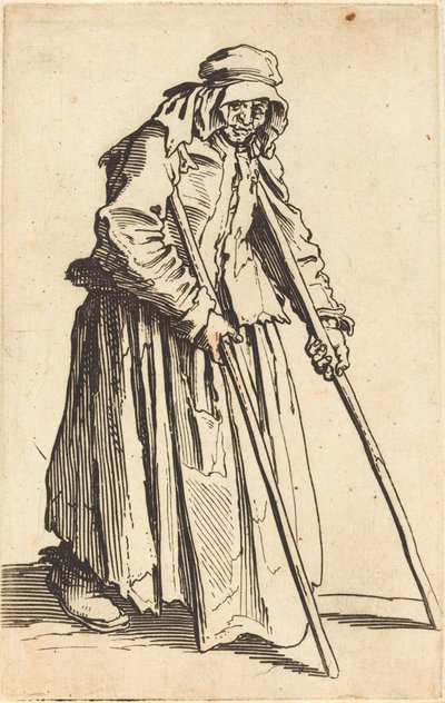 Kerjäläinen nainen kainalosauvoilla, n. 1622. tekijältä Jacques Callot