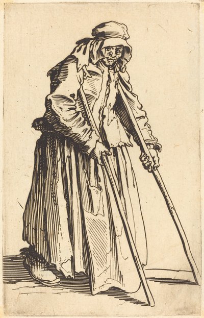 Kerjäläinen nainen kainalosauvoilla, n. 1622. tekijältä Jacques Callot