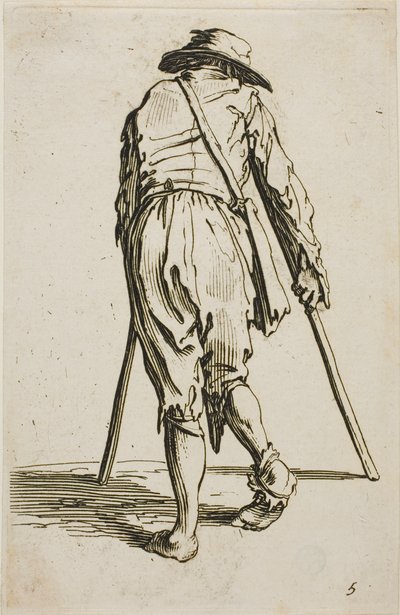 Kerjäläinen kainalosauvoilla ja hattu päässään, takaapäin katsottuna, levy viisi teoksesta The Beggars (Kerjäläiset). tekijältä Jacques Callot