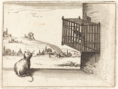 Kissa katselee häkkilintua tekijältä Jacques Callot