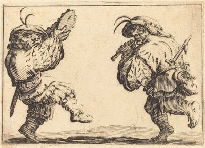 Tanssijat huilun ja tamburiinin kanssa, n. 1617. tekijältä Jacques Callot