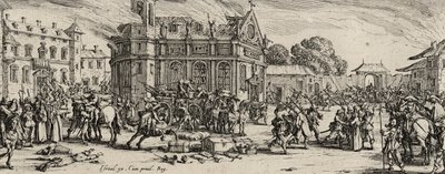 Luostarin tuho 1633 (etsaus paperille) tekijältä Jacques Callot