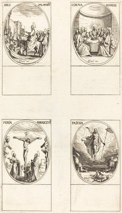 Pääsy Jerusalemiin; Viimeinen ehtoollinen; Ristiinnaulitseminen; Ylösnousemus tekijältä Jacques Callot