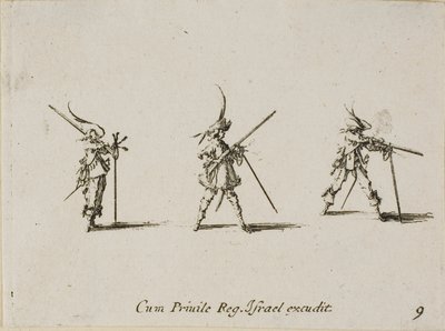 Musketin ampuminen, lautanen yhdeksän sotilasharjoituksista tekijältä Jacques Callot