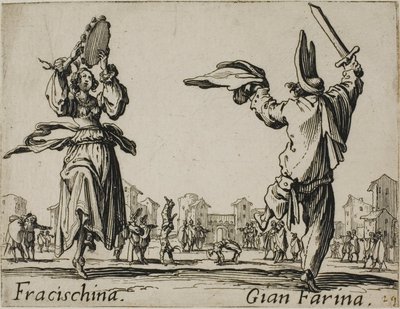 Fracischina - Gian Farina, lautanen 17 alkaen Balli di Sfessania -teoksesta tekijältä Jacques Callot