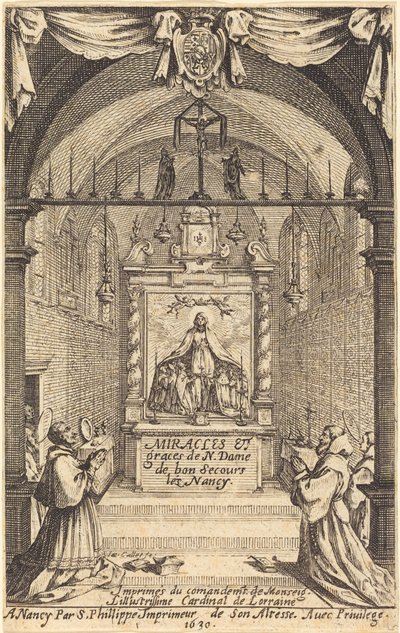 "Bon-Secours-les-Nancyn Neitsyt Marian ihmeiden ja armon etukappale" tekijältä Jacques Callot