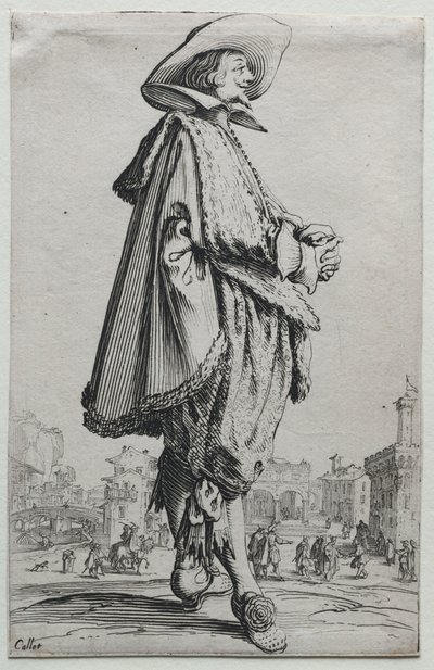 Herrasmies seisoo profiilissa kädet ristissä. tekijältä Jacques Callot