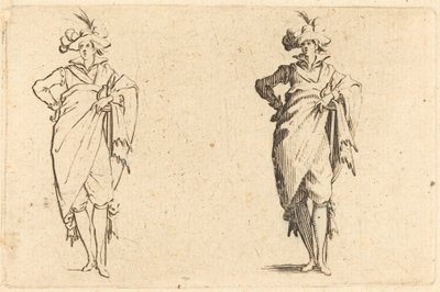 Gentleman edestä katsottuna käsi lantiolla, c. 1622. tekijältä Jacques Callot