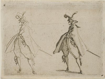 Herrasmies suuressa viitassa, edestä katsottuna, elokuvasta The Caprices (Kapriisit) tekijältä Jacques Callot