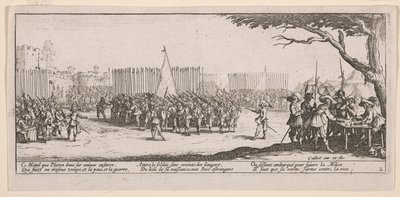 Joukkojen ilmoittautuminen, kuvitus teoksesta The Large Miseries of War tekijältä Jacques Callot