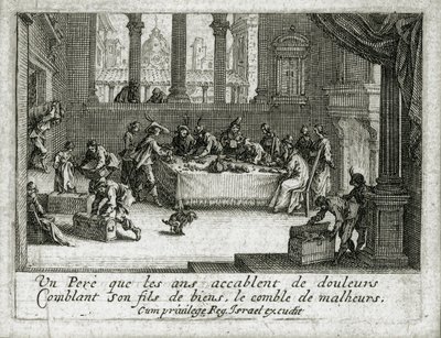 Tuhlaajapojan elämä... (kaiverrus) tekijältä Jacques Callot