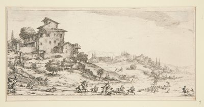 La chasse au cerf (hirvenmetsästys kartanon lähellä), Giovanni de Medicin maisemista tekijältä Jacques Callot