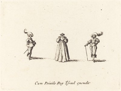 Nainen takaa nähtynä ja kaksi herraa tekijältä Jacques Callot