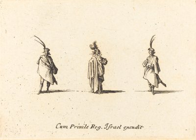 Nainen pitkässä viitassa ja kaksi herraa tekijältä Jacques Callot