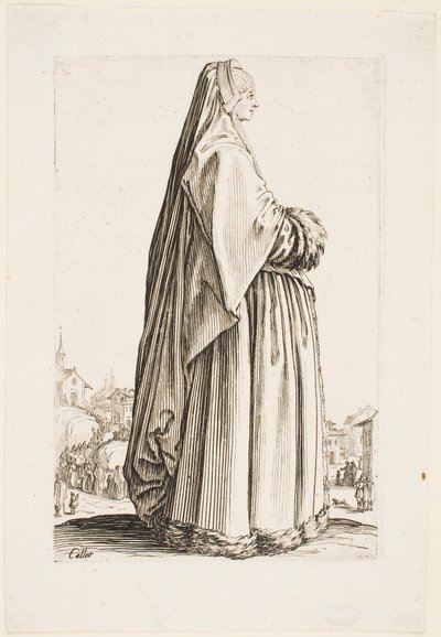 Lady in a Long Veil ja turkisreunustainen mekko sarjasta "The Nobility of Lorraine" tekijältä Jacques Callot