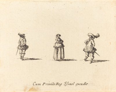Nainen kädet ristissä ja kaksi herraa tekijältä Jacques Callot