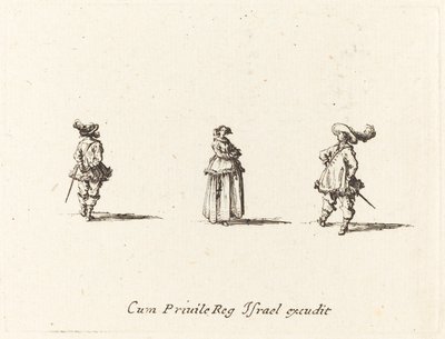 Nainen kädet ristissä ja kaksi herraa tekijältä Jacques Callot
