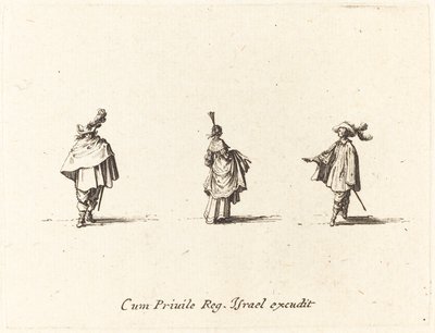 Nainen pukeutuneena kokoontuneet ja kaksi herraa tekijältä Jacques Callot