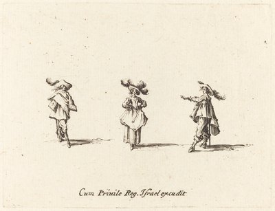 Nainen, jolla on suuret höyhenet, ja kaksi herraa tekijältä Jacques Callot