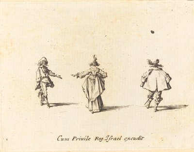 Nainen ojennetulla käsivarrella, takaa katsottuna ja kaksi herraa tekijältä Jacques Callot