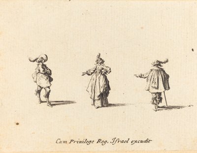 Nainen ojennetulla käsivarrella ja kaksi herraa tekijältä Jacques Callot
