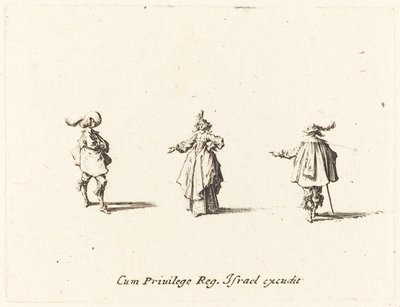Nainen ojennetulla kädellä ja kaksi herraa, luultavasti 1634. tekijältä Jacques Callot