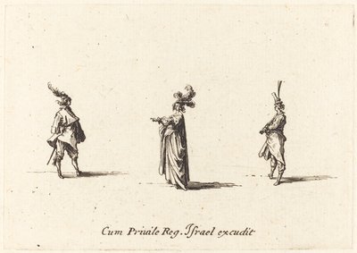 Nainen, jolla on pitkähattu ja kaksi herraa, luultavasti 1634. tekijältä Jacques Callot