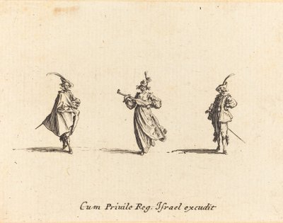 Nainen jousisoittimella ja kaksi herraa tekijältä Jacques Callot