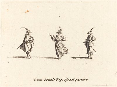 Nainen jousisoittimella ja kaksi herraa tekijältä Jacques Callot