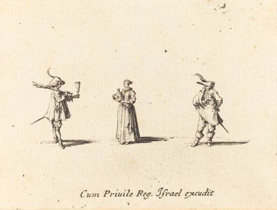 Nainen viinipullon kanssa ja kaksi herraa tekijältä Jacques Callot