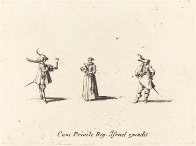 Nainen viinipullon kanssa ja kaksi herraa, luultavasti 1634. tekijältä Jacques Callot