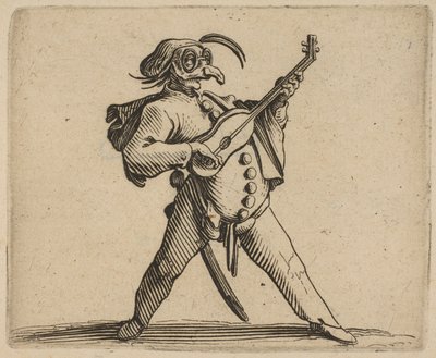 Naamioitunut koomikko soittamassa kitaraa, alkaen ..., 1616-22. tekijältä Jacques Callot