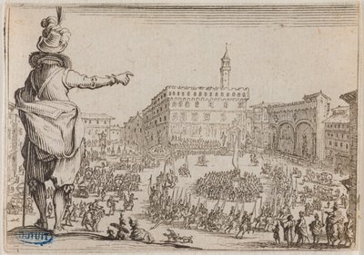 Les Caprices, juhla Piazza della Signorialla Firenzessä. Nancyssa kaiverretun 50 lehden sarjan neljäskymmeneskuudes numero (Lieure 473, Meaume 859) tekijältä Jacques Callot