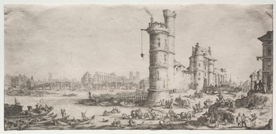 Kaksi upeaa näkymää Pariisiin: Näkymä Pont Neufille, 1628-1630. tekijältä Jacques Callot