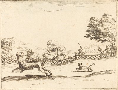 Metsästäjät jahtaavat leijonaa ja pentua tekijältä Jacques Callot