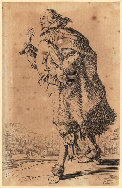 Mann streicht wie Geigenspieler über Grillrost, Blatt 19 der Folge "Die Zwerge" tekijältä Jacques Callot