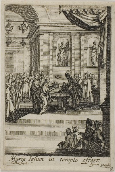 Maria esittelee Kristuksen temppelissä, Neitsyt Marian elämästä. tekijältä Jacques Callot