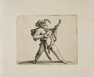 Naamioitunut koomikko soittaa kitaraa, Varie Figure Gobbi tekijältä Jacques Callot