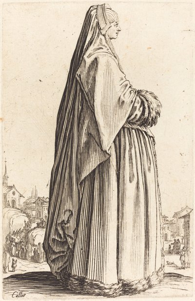 Jalo nainen, jolla on hunnu ja turkista leikattu mekko tekijältä Jacques Callot