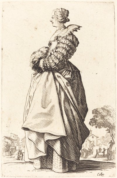 Jalo nainen profiilissa kädet muhvissa tekijältä Jacques Callot