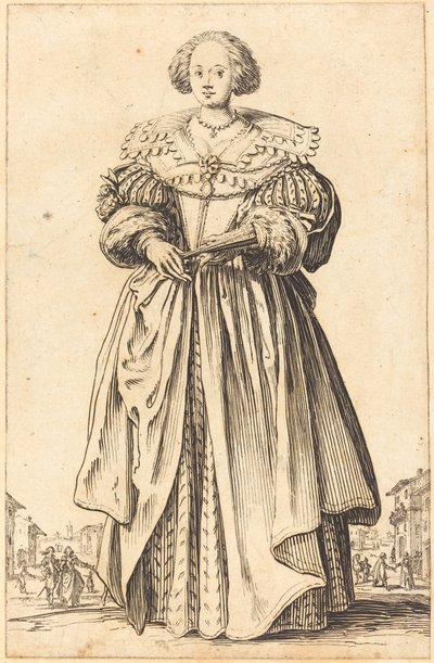 Jalo nainen tuulettimen kanssa tekijältä Jacques Callot