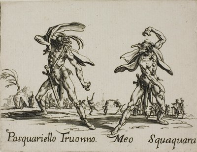 Pasquariello Truonno - Meo Squaquara, lautanen 20 alkaen Balli di Sfessania tekijältä Jacques Callot