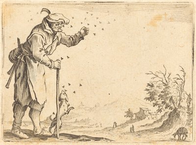Mehiläisten kimppuun talonpoika n. 1622. tekijältä Jacques Callot