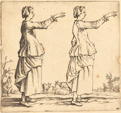 Talonpoikanainen, profiilissa, kasvot oikealle, käsivarsi ojennettuna tekijältä Jacques Callot
