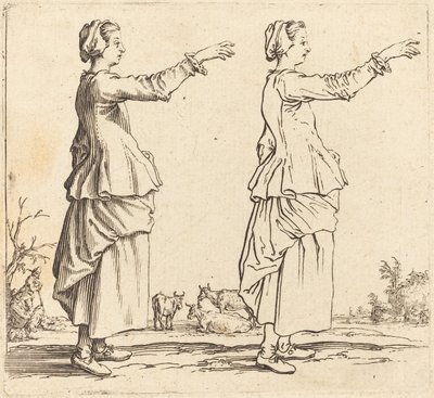 Talonpoikanainen, profiilissa, kasvot oikealle, käsivarsi ojennettuna tekijältä Jacques Callot